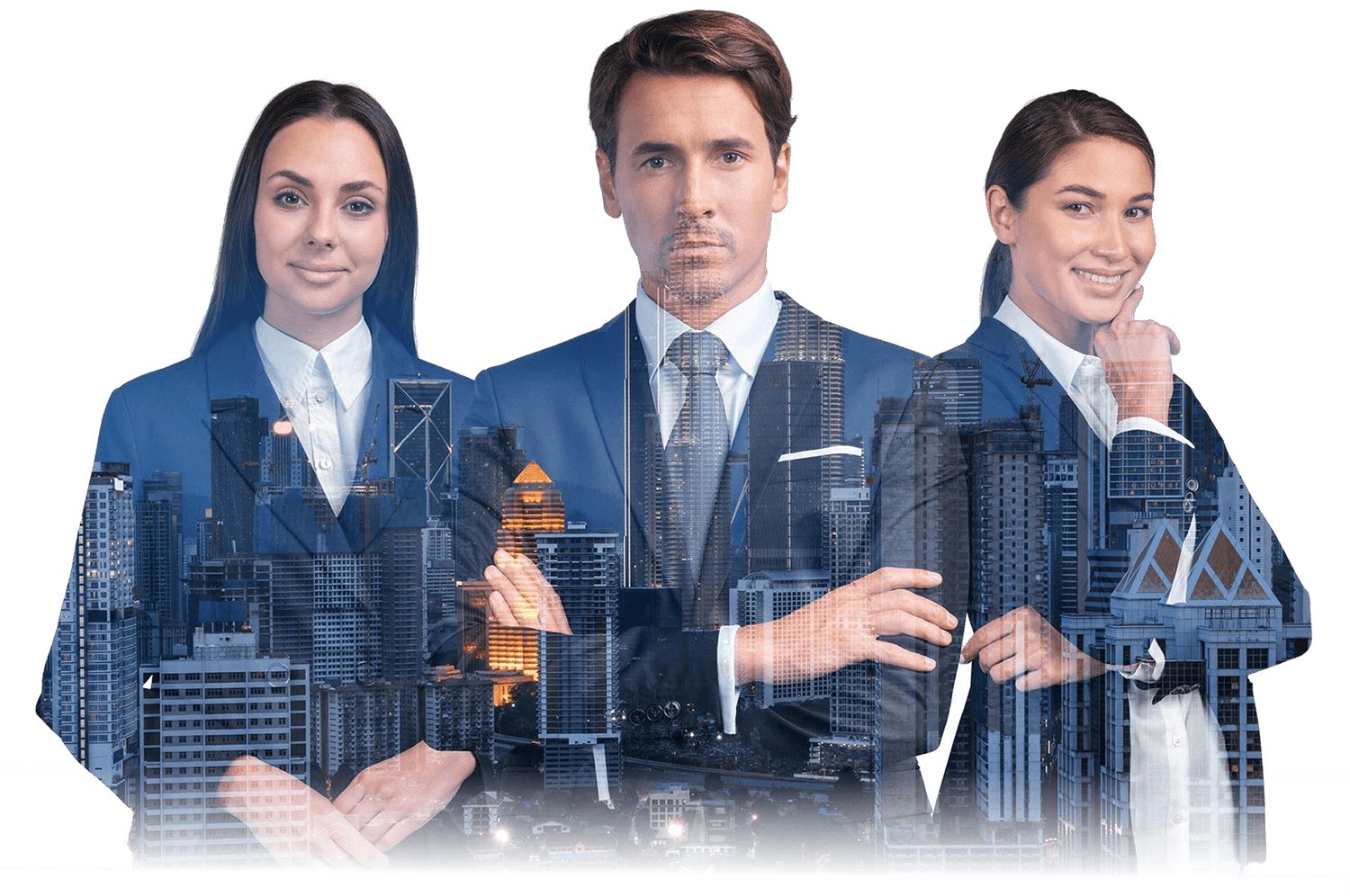 Business professionals with city skyline