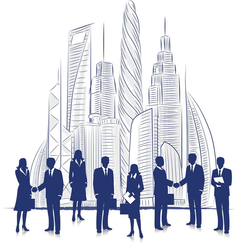 Business professionals with city skyline
